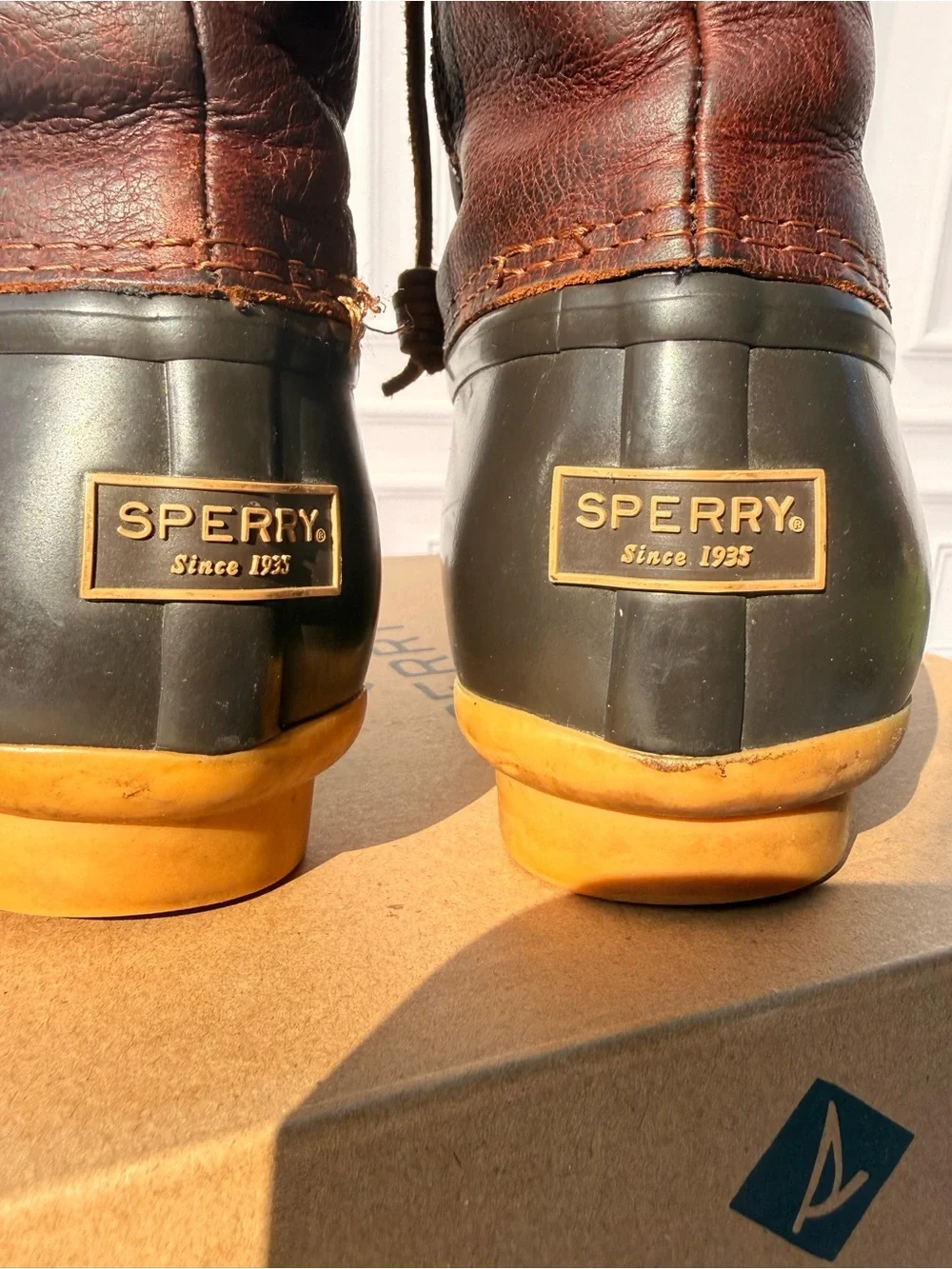 Sperry Women’s Two-Tone Brown and Black Duck Boots with Tan Sole